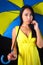 Charming woman in yellow dress with a stylish umbrella