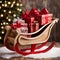 Charming wooden sleigh filled with presents and wrapped in a red bow