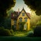 Charming yellow house with wooden windows and green grass. Illustration Generative AI