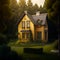 Charming yellow house with wooden windows and green grass. Illustration Generative AI