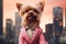 Charming Yorkie pet in pink elegant suit. Generate ai