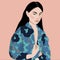 charming young east asian woman with awith a floral kimono. with long dark hair. vector illustration.