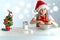 Charming young girl in santa claus hat and red apron makes cookies. The concept of a happy new year and christmas. Space for text
