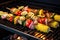 charred corn on the cob and skewered vegetables on a grill