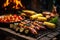 charred corn on the cob and skewered vegetables on a grill