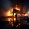 Charred house, firefighter wields water, extinguishing smoldering remnants of the blaze