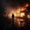 Charred house, firefighter wields water, extinguishing smoldering remnants of the blaze