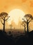 A charred landscape of silhouetted trees against the backdrop of a boiling sun.. AI generation