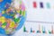 Chart graph paper with globe world Europe map on . Finance, Account, Statistics, Investment, Analytic research data economy.