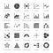 Chart types flat glyph icons. Line graph, column, pie donut diagram, financial report illustrations, infographic. Signs