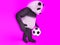 Chasing a soccer ball on foot on purple background. touching cute panda soccer player. juggling ball bear.
