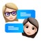 Chat bot woman emoji concept. Modern style cartoon character icon design. Dialog help service. Isolated on white background,