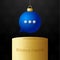 Chat Christmas card. Merry Christmas talk speak greeting card. Hang on a thread blue chat bubble as a xmas ball bauble on black