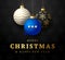 Chat Christmas card. Merry Christmas talk speak greeting card. Hang on a thread blue chat bubble as a xmas ball bauble on black