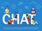 Chat illustration of young people using mobile gadgets .Flat big letters chat and guys