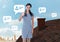 Chat profile bubbles and Businesswoman standing on Roof with chimney and city sky