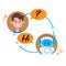 Chatbot concept. Man chatting with cute robot chat bot. Vector flat cartoon character illustration for site, banners