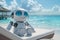 chatbot that looks like smiling and friendly robot,modern and attractive,resting on sunbed near ocean against background of