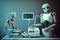 chatbot robot performing medical procedure, with human overseer