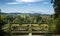 Chatsworth House maze with rolling countryside in background at Chatsworth, Derbyshire, UK