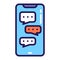 Chatting on smartphone screen color line icon. Internet communication. Home leisure. Isolated vector element.