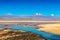 Chaxa Lake Laguna Chaxa with reflection of surroundings and blue sky in Salar of Atacama, Chile Chaxa Lake Laguna Chaxa with