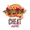 Cheat Meal with hand drawn Burger label, badge. Emblem for fast food restaurant, cafe. Isolated on white background