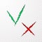 Check box list icons tick and cross, green and red marks are the ripped paper torn off on transparent background