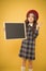 Check list concept. Place for information. Sale and discount. Child promo information board. Girl hold blank blackboard