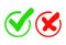 Check mark icon set. Gree tick and red cross flat simbol. Check ok, YES or no, X marks for vote, decision, web.Correct and