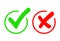 Check mark icon set. Gree Tick and red cross flat simbol. Check ok, YES or no, X marks for vote, decision, web. vector