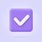 Check mark icon in trendy 3d style on blue square button. White checkmark symbol