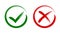 Check mark, tick and cross brush signs, green checkmark OK and red X icons, symbols YES and NO button for vote, decision