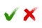 Check mark, tick and cross brush signs, green checkmark OK and red X icons, symbols YES and NO button for vote, decision