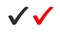 Check mark tick icon vector for correct positive vote answer or correct and accepted red and black checkmark pictogram isolated on