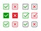 Check marks set. Green tick and red cross in different shapes. YES or NO accept and decline symbol. Vector icons for