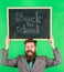 Check this out. Offer for pupils. Back to school special offer. Man bearded teacher holds blackboard back to school