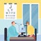 Check vision optometrist, medical center, clinic eye verification by doctor ophthalmologist, cartoon style vector