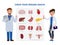 Check your internal organs health poster including two doctors cartoon characters and organs icon set. Vector