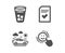 Checked file, Car travel and Ice tea icons. Smile sign. Correct document, Transport, Soda beverage. Vector