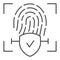 Checked fingerprint thin line icon. Finger identification approved vector illustration isolated on white. Check with