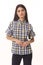 Checked summer short sleeve shirt on woman young model close up photo