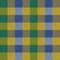 Checked, tartan, plaid or striped seamless pattern in green, yellow and blue colors. Vector illustration.