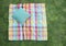Checkered colorful blanket with pillow on green grass top view. Checked picnic towel. Summertime design backdrop. Picnic and