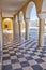 Checkered floor and arches in Santorini church