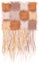 Checkered fluffy tapestry with grunge striped  square elements and vertical wavy fringe in brown, orange, beige colors isolated on