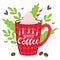 Checkered red mug with coffee or cocoa with whipped cream and candy cane. Hot drink.Handwritten message-Enjoy your coffee. Hand