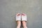 Checkered Slippers, Selfie Womanâ€™s Pink Home Slippers Feet Nail polish on Concrete Background
