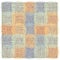 Checkered square serviette, napkin, tablecloth,rug, mat with grunge striped woven oval elements in green, orange, blue, grey,brown