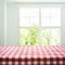 Checkered tablecloth texture top view on blur window view garden